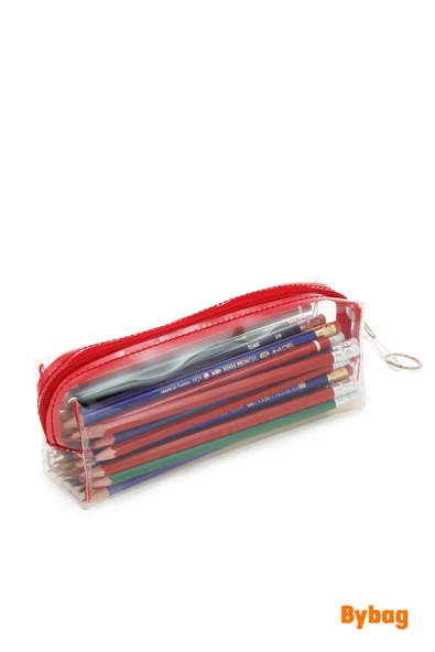 2 ADET PVC Kalemlik Fermuarlı Şeffaf Makyaj Çantası Kalem Kutusu Kırmızı - Resim 7
