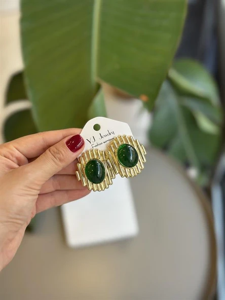 Taşlı Küpe - Yeşil - Resim 2