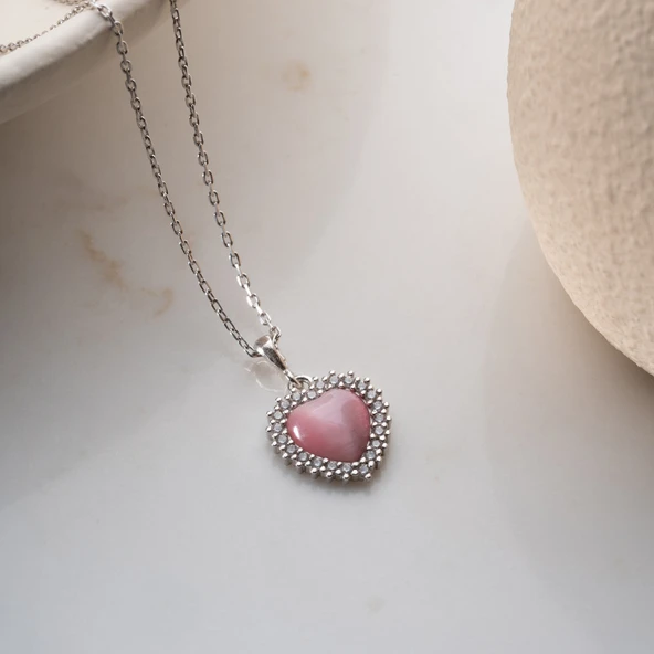 925 Ayar Gümüş Taşlı Bombeli Kedi Pembe Gözü Kalp Kolye - Resim 5