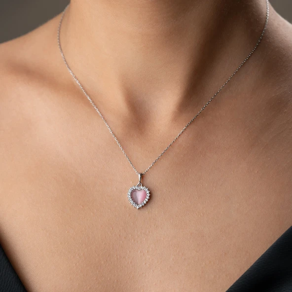 925 Ayar Gümüş Taşlı Bombeli Kedi Pembe Gözü Kalp Kolye - Resim 4