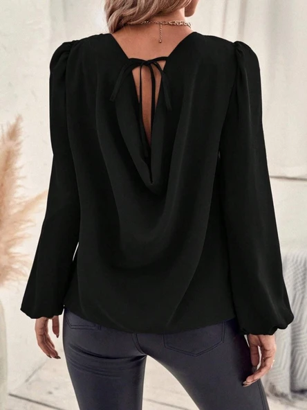 Kadın Uzun Kollu Yuvarlak Yaka Arkadan Bağcıklı Salaş Ithal Krep Bluz - 4