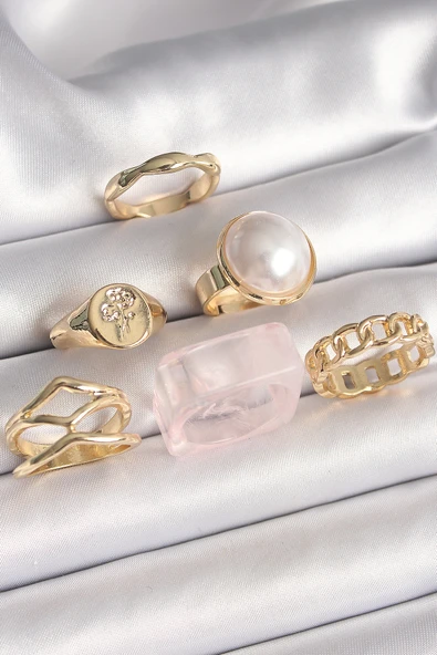 Pirinç Gold Renk Beyaz İncili Zincir Yüzük Figür İşleme Detay 6'Lı Kadın Yüzük Seti - TJ-BYK3615 ürün görseli 1