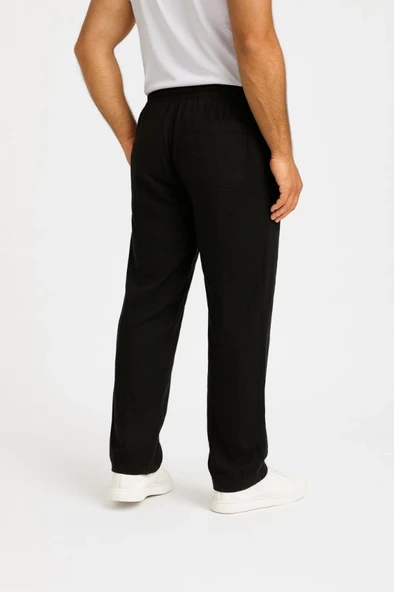 Erkek Keten Pantolon – Cepli, Beli Lastikli Ve Bağcıklı, Nefes Alan Rahat Kalıp, Yazlık Ve Baharlık Günlük Giyim, Şık - Konforlu Boru Paça Model - Siyah - 4