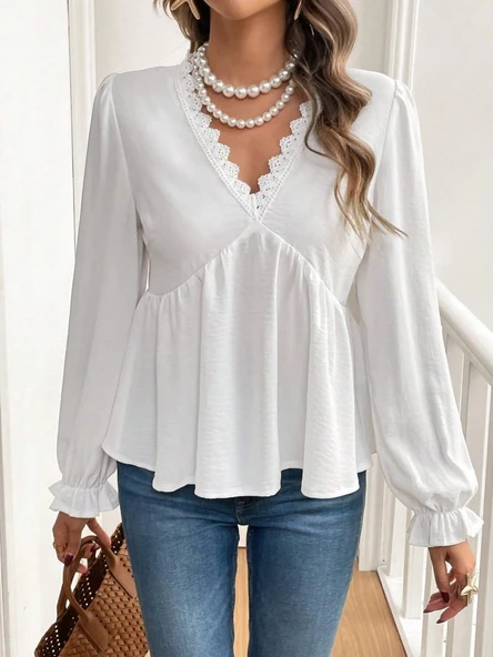 Kadın Uzun Kollu V Dantel Yaka Aerobin Bluz - 3