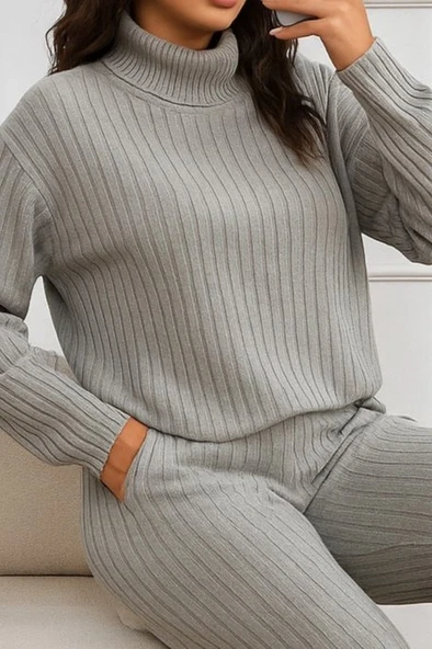 Kadın Uzun Kollu Balıkçı Yaka şardonlu Bluz Ve Pantolon Ikili Takım - Resim 2