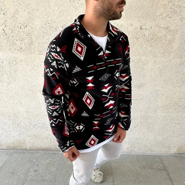 Erkek Yarım Fermuarlı Desenli Polar Sweat Tribal Etnik Desen Yakalı, Uzun Kollu, Oversize Rahat Kalıp, - Siyah - 4