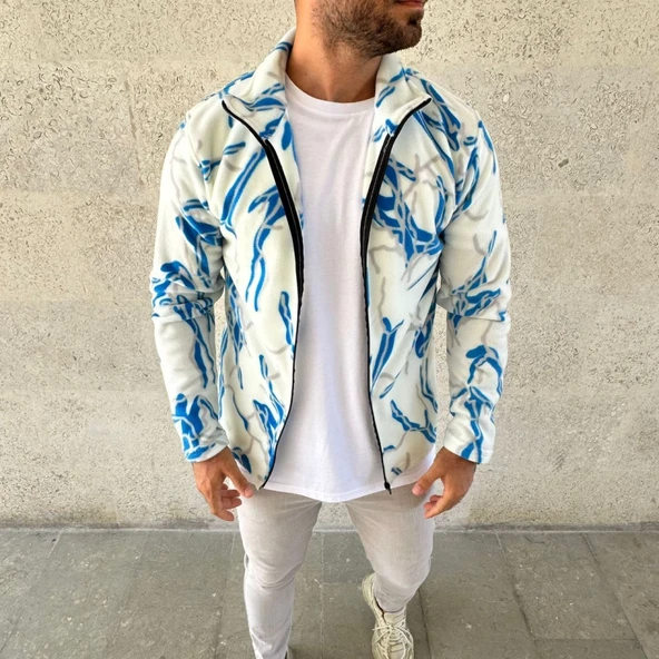 Erkek Tam Fermuarlı Desenli Polar SweatLightning Desen Yakalı, Uzun Kollu, Oversize Rahat Kalıp - Beyaz - Resim 4