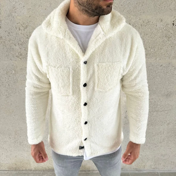 Erkek Pelüş Polar Hırka Gömlek – Yakalı, İlik Düğmeli, Göğüs Cepli, Yumuşak Dokulu Kışlık Regular Fit Rahat Günlük Model - Beyaz - 3