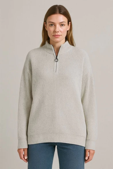 KADIN Yarım Fermuarlı Triko Kazak – Selanik Örgü, Dik Yaka, Pamuklu Dokuma, Oversize Uzun Kollu Kışlık Model - Gri - 3