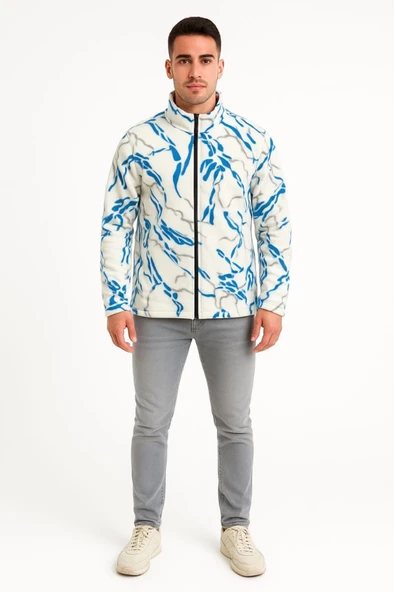 Erkek Tam Fermuarlı Desenli Polar SweatLightning Desen Yakalı, Uzun Kollu, Oversize Rahat Kalıp - Beyaz ürün görseli