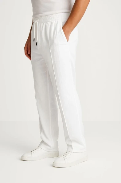 Erkek Keten Pantolon – Cepli, Beli Lastikli Ve Bağcıklı, Nefes Alan Rahat Kalıp, Yazlık Ve Baharlık Günlük Giyim, Şık - Konforlu Boru Paça Model - Beyaz - 3