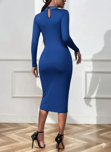 Kadın Uzun Kollu Balıkçı Yaka Taşlı Damla Detay Midi Ithal Krep Elbise - 3