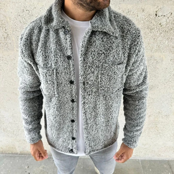 Erkek Pelüş Polar Hırka Gömlek – Yakalı, İlik Düğmeli, Göğüs Cepli, Yumuşak Dokulu Kışlık Regular Fit Rahat Günlük Model - Gri - 3