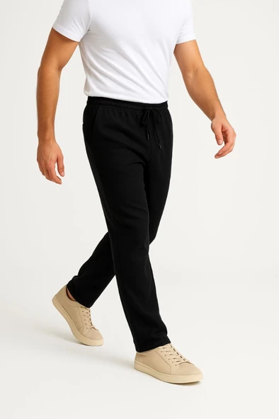 Erkek Keten Pantolon – Cepli, Beli Lastikli Ve Bağcıklı, Nefes Alan Rahat Kalıp, Yazlık Ve Baharlık Günlük Giyim, Şık - Konforlu Boru Paça Model - Siyah - 3