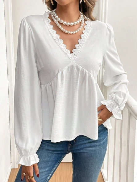 Kadın Uzun Kollu V Dantel Yaka Aerobin Bluz - 2
