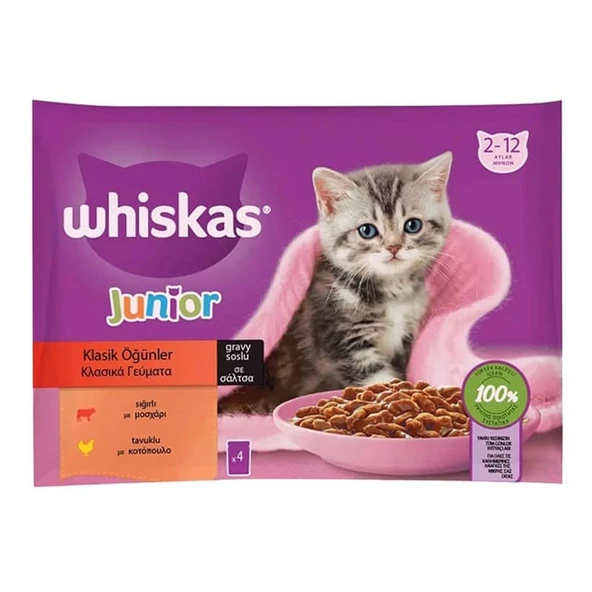 Whiskas junior kitten pouch yaş mama (4x85gr) 5adet klasik seçenekler tavuk,sığır - Resim 2