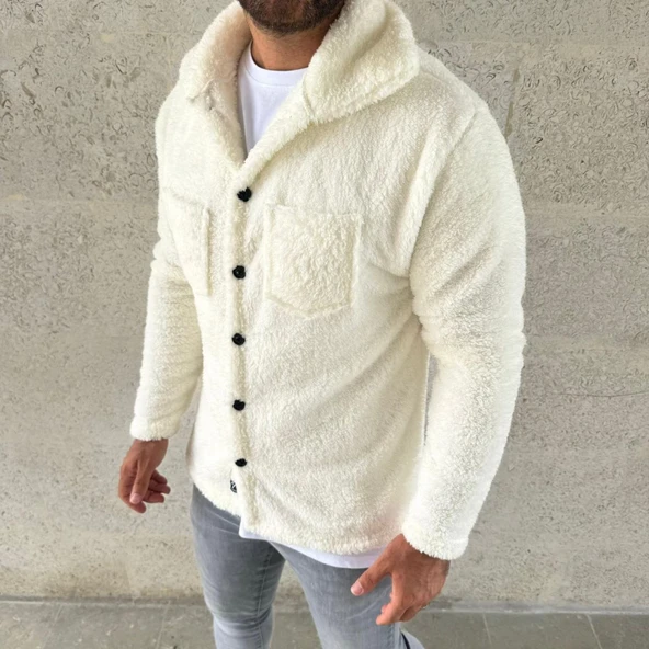 Erkek Pelüş Polar Hırka Gömlek – Yakalı, İlik Düğmeli, Göğüs Cepli, Yumuşak Dokulu Kışlık Regular Fit Rahat Günlük Model - Beyaz - 2