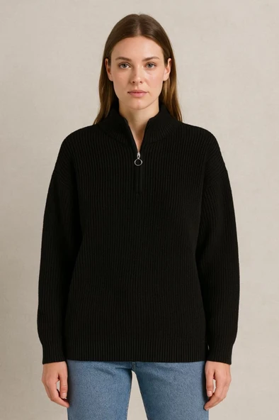 KADIN Yarım Fermuarlı Triko Kazak – Selanik Örgü, Dik Yaka, Pamuklu Dokuma, Oversize Uzun Kollu Kışlık Model - Siyah - 4