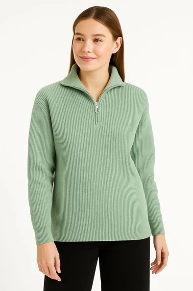 KADIN Yarım Fermuarlı Triko Kazak – Selanik Örgü, Dik Yaka, Pamuklu Dokuma, Oversize Uzun Kollu Kışlık Model - Mint Yeşili - 3