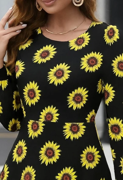 Kadın Uzun Kollu Bisiklet Yaka Desenli Kısa Krep Elbise - 2