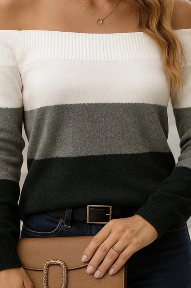 Kadın Uzun Kollu Omuzlardan Açık Uzun Kollu Blok çizgili Triko Bluz - 2