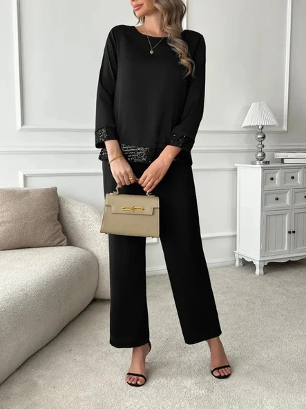 Kadın Uzun Kollu Bisiklet Yaka Pulpayetli Viskon Iki Iplik Bluz Ve Pantolon Ikili Takım - Resim 3