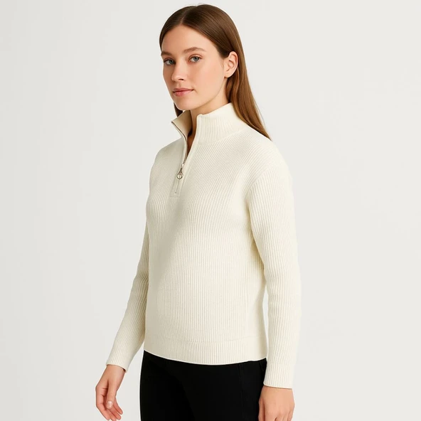 KADIN Yarım Fermuarlı Triko Kazak – Selanik Örgü, Dik Yaka, Pamuklu Dokuma, Oversize Uzun Kollu Kışlık Model - Beyaz