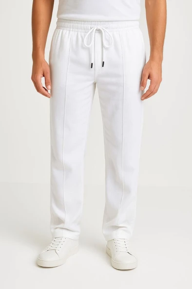 Erkek Keten Pantolon – Cepli, Beli Lastikli Ve Bağcıklı, Nefes Alan Rahat Kalıp, Yazlık Ve Baharlık Günlük Giyim, Şık - Konforlu Boru Paça Model - Beyaz - 4