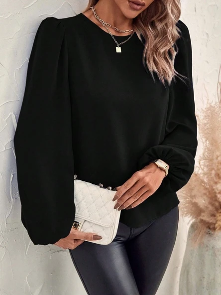 Kadın Uzun Kollu Yuvarlak Yaka Arkadan Bağcıklı Salaş Ithal Krep Bluz - 5