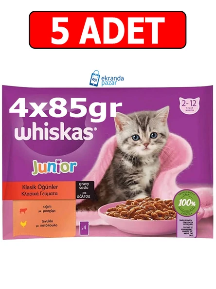 Whiskas junior kitten pouch yaş mama (4x85gr) 5adet klasik seçenekler tavuk,sığır ürün görseli