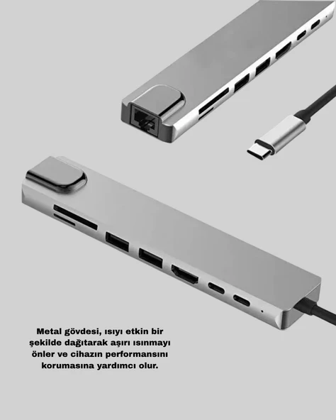 Alüminyum Kasalı MacBook USB-C Hub – 4K HDMI, USB 3.0, SD/TF Kart Girişi, PD Şarj Desteği - 5