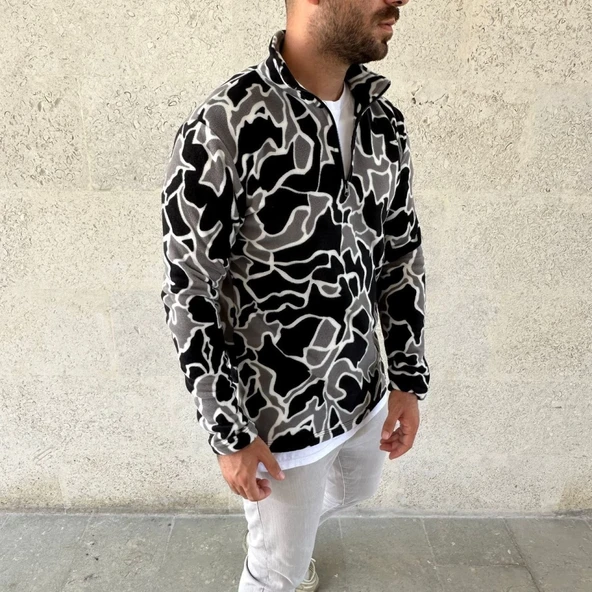 Erkek Yarım Fermuarlı Desenli Polar Sweat Yakalı, Uzun Kollu, Oversize Rahat Kalıp - Siyah - 3