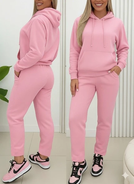 Kadın Uzun Kollu Kapşonlu Bağcıklı üç Iplik Bluz Ve Pantolon Ikili Takım