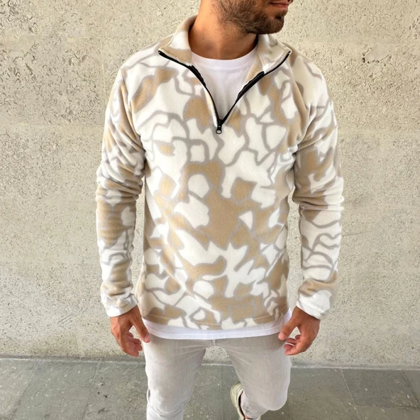 Erkek Yarım Fermuarlı Desenli Polar Sweat Yakalı, Uzun Kollu, Oversize Rahat Kalıp - Bej - 3