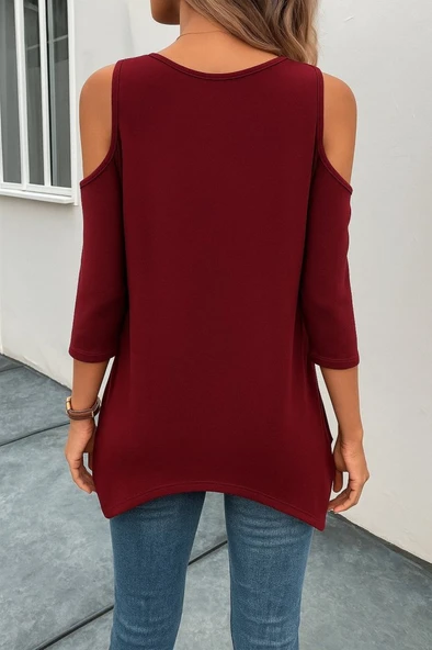 Kadın Omuzlardan Açık Sıfır Yaka Asimetrik Kesim Detay Viskon Bluz - Resim 2