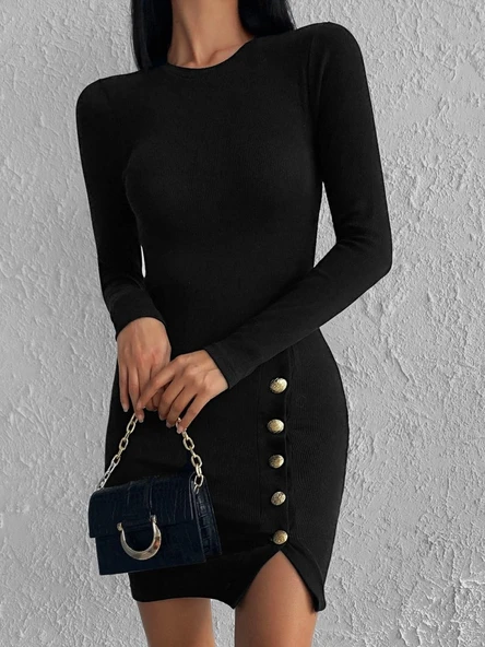 Kadın Siyah Uzun Kollu Bisiklet Yaka Yan Yırtmaç Düğme Detay Kısa Kaşkorse Elbise - 7