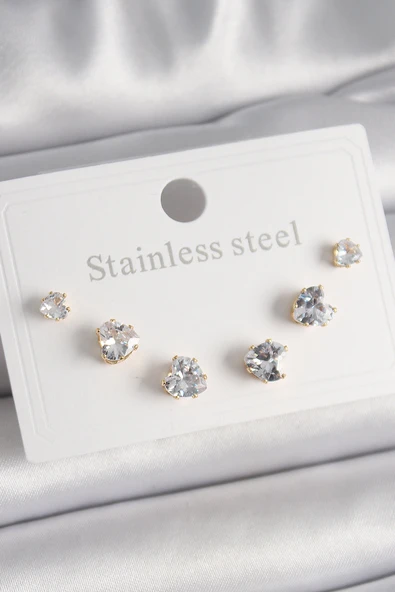 316L Çelik Gold Renk Zirkon Taşlı Kalp Model Kadın Küpe Seti - TJ-BKP9880 ürün görseli 1