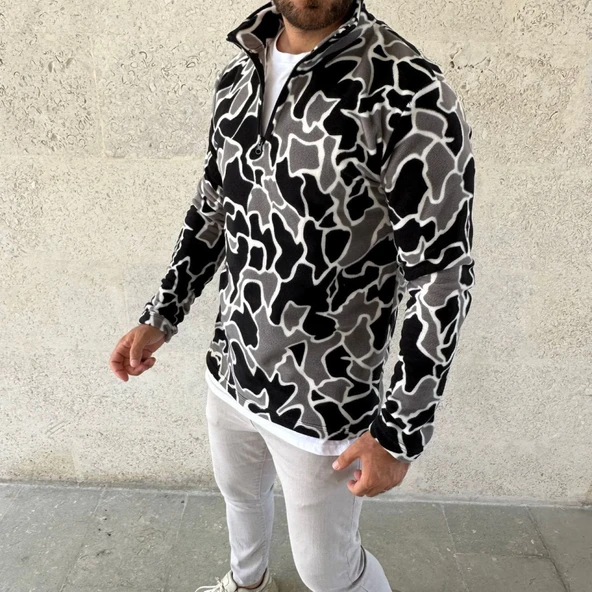 Erkek Yarım Fermuarlı Desenli Polar Sweat Yakalı, Uzun Kollu, Oversize Rahat Kalıp - Siyah - 2