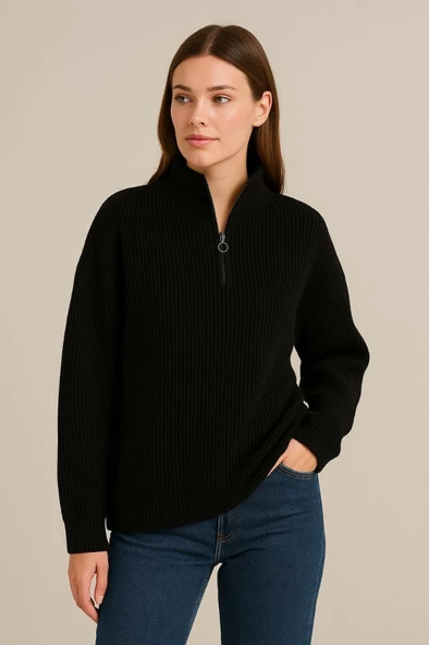 KADIN Yarım Fermuarlı Triko Kazak – Selanik Örgü, Dik Yaka, Pamuklu Dokuma, Oversize Uzun Kollu Kışlık Model - Siyah - 2