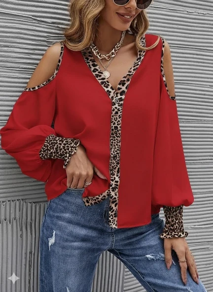 Kadın Omuzlardan Açık Yakalı önden Düğmeli Leopar Detaylı Sandy Bluz - 3