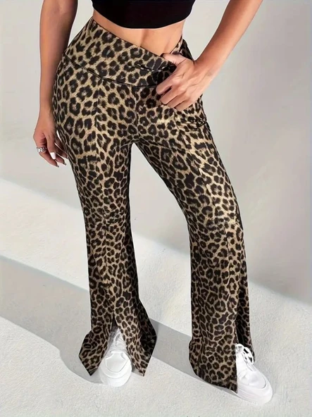 Kadın Yüksek Bel Leopar Desenli Yırtmaçlı Dalgıç Tayt - 3
