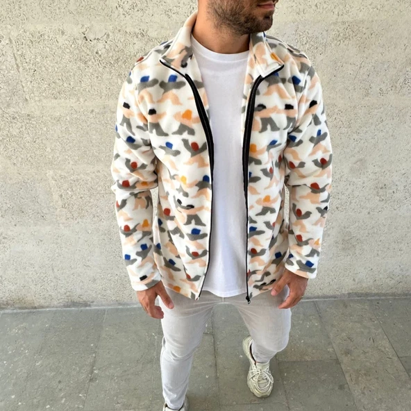 Erkek Tam Fermuarlı Desenli Polar Sweat – Siyah Multicolor Figür Desen Yakalı, Uzun Kollu, Oversize Rahat Kalıp- Beyaz - 2