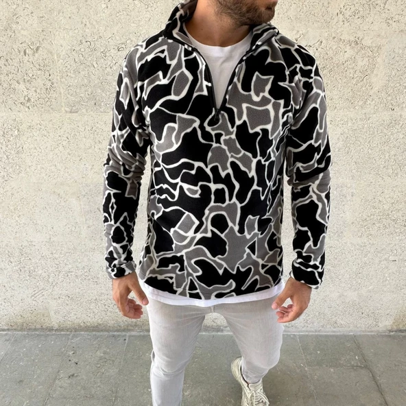 Erkek Yarım Fermuarlı Desenli Polar Sweat Yakalı, Uzun Kollu, Oversize Rahat Kalıp - Siyah - 4