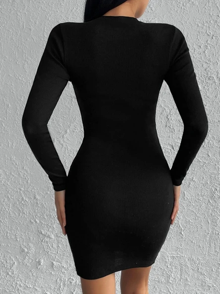 Kadın Siyah Uzun Kollu Bisiklet Yaka Yan Yırtmaç Düğme Detay Kısa Kaşkorse Elbise - 5