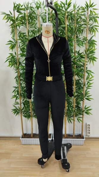 Kadın Uzun Kollu önden Fermuar Detaylı Kemerli Kadife Tulum - 8