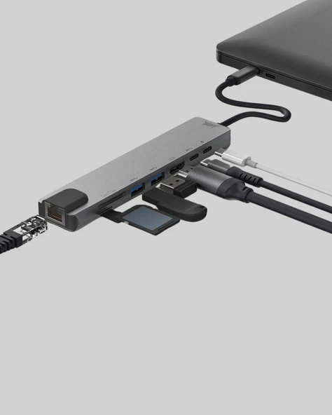Alüminyum Kasalı MacBook USB-C Hub – 4K HDMI, USB 3.0, SD/TF Kart Girişi, PD Şarj Desteği - 4