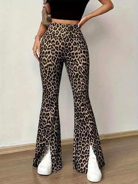 Kadın Yüksek Bel Leopar Desenli Yırtmaçlı Dalgıç Tayt - 4