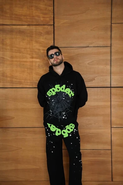 Erkek Kapüşonlu Eşofman Takım Örümcek Ağı Ve Neon Yeşil Baskılı Kanguru Cepli Oversize Rahat Kalıp, Premium Üç İplik Kumaş - Siyah - 4