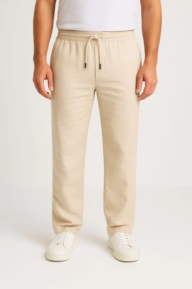 Erkek Keten Pantolon – Cepli, Beli Lastikli Ve Bağcıklı, Nefes Alan Rahat Kalıp, Yazlık Ve Baharlık Günlük Giyim, Şık - Konforlu Boru Paça Model - Bej - 3