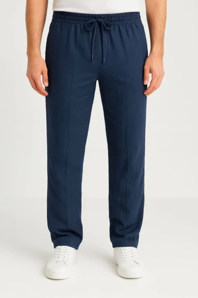 Erkek Keten Pantolon – Cepli, Beli Lastikli Ve Bağcıklı, Nefes Alan Rahat Kalıp, Yazlık Ve Baharlık Günlük Giyim, Şık - Konforlu Boru Paça Model - Lacivert - 3